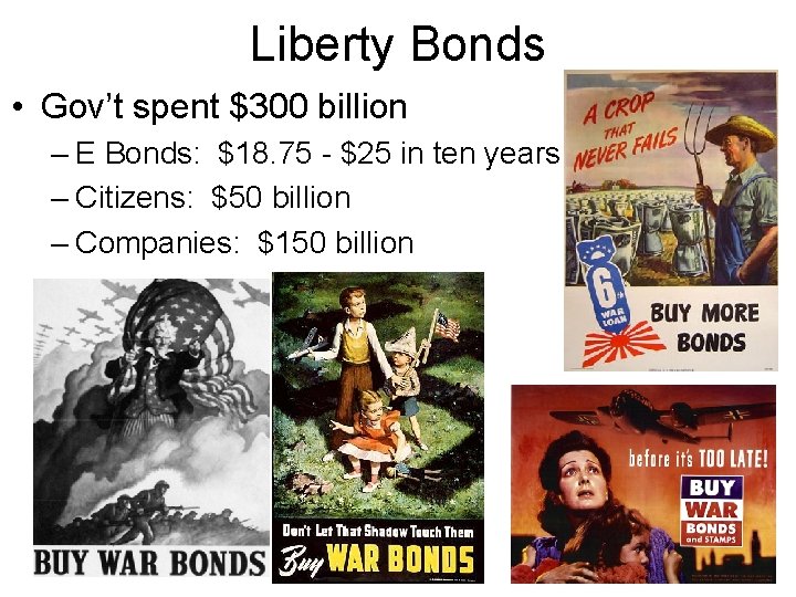 Liberty Bonds • Gov’t spent $300 billion – E Bonds: $18. 75 - $25