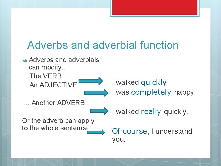 Adverbs and adverbial function Adverbs and adverbials can modify. . . The VERB. .