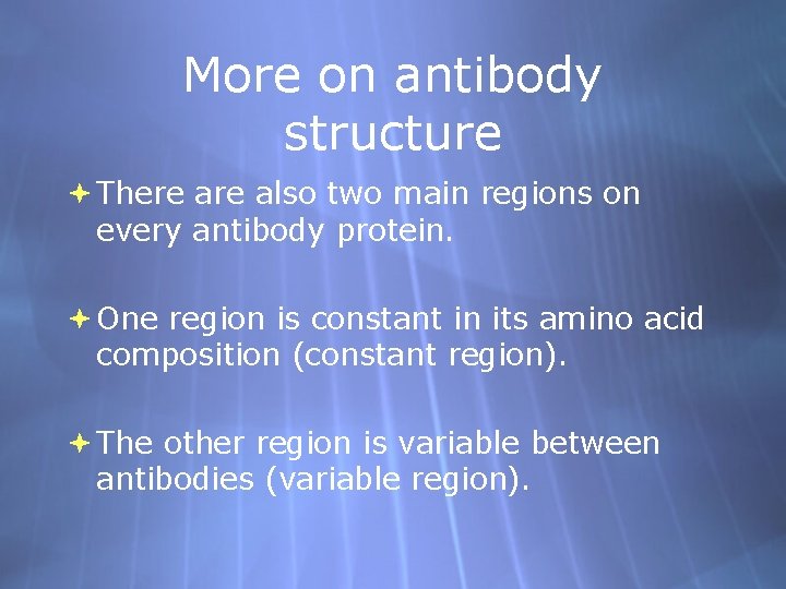 More on antibody structure There also two main regions on every antibody protein. One