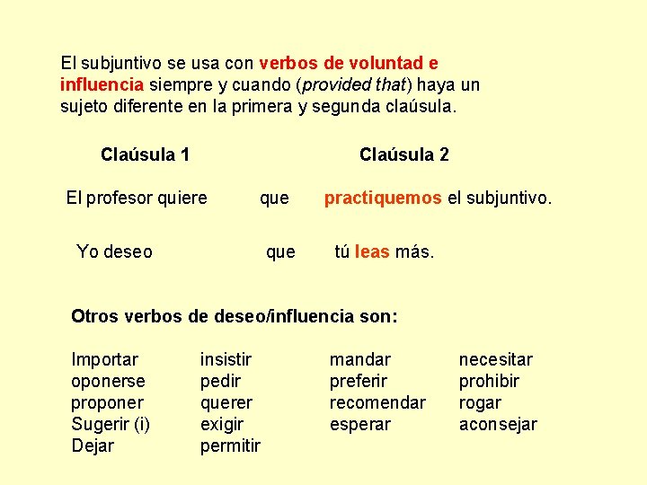 El subjuntivo se usa con verbos de voluntad e influencia siempre y cuando (provided