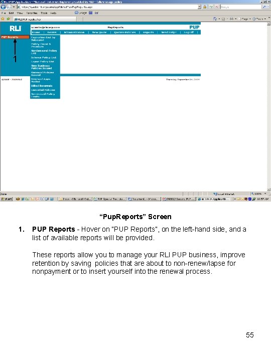 1 “Pup. Reports” Screen 1. PUP Reports - Hover on “PUP Reports”, on the
