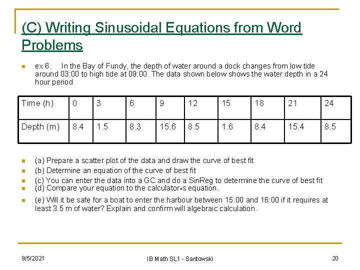 (C) Writing Sinusoidal Equations from Word Problems n ex 6. In the Bay of