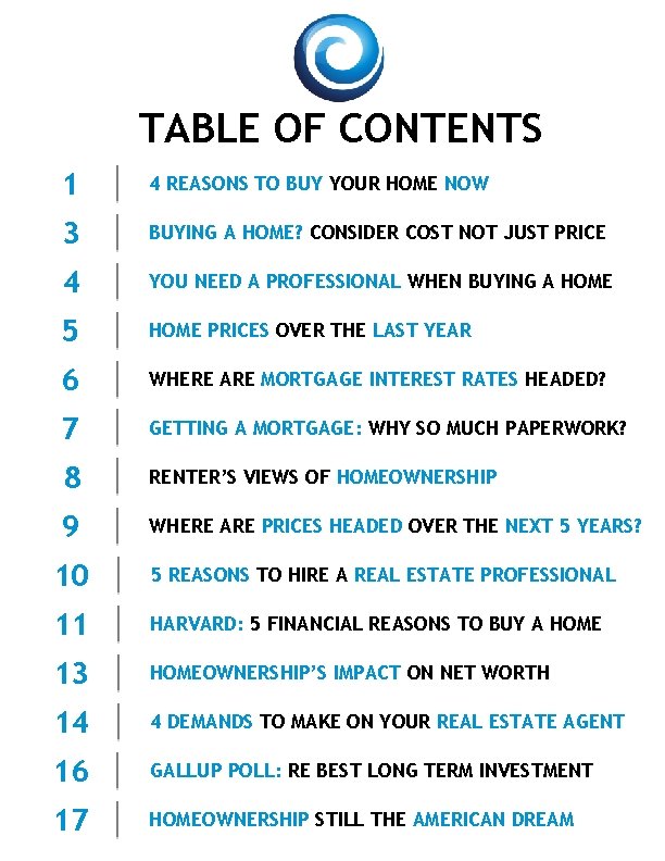TABLE OF CONTENTS 1 4 REASONS TO BUY YOUR HOME NOW 3 BUYING A
