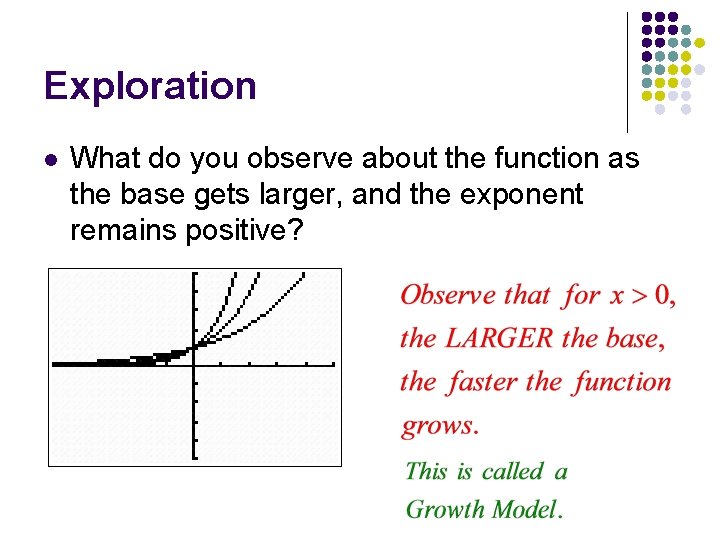 Exploration l What do you observe about the function as the base gets larger,