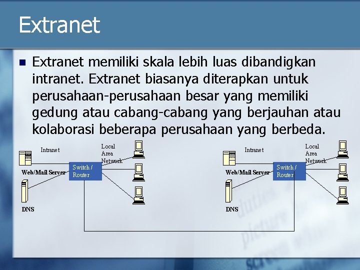 Extranet n Extranet memiliki skala lebih luas dibandigkan intranet. Extranet biasanya diterapkan untuk perusahaan-perusahaan