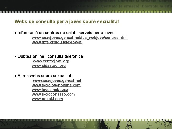 Webs de consulta per a joves sobre sexualitat Informació de centres de salut i