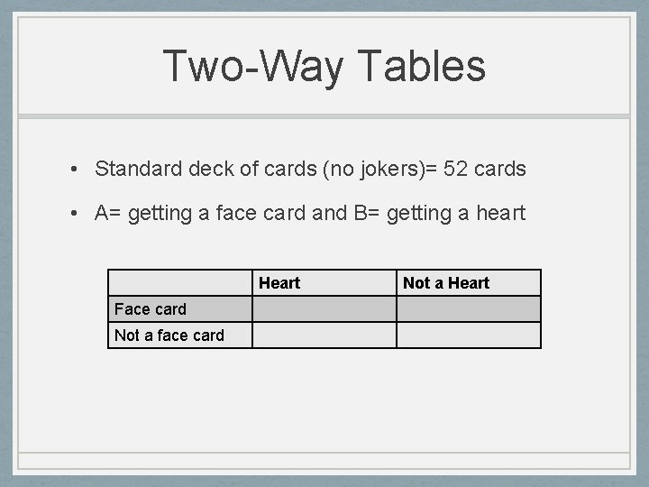 Two-Way Tables • Standard deck of cards (no jokers)= 52 cards • A= getting