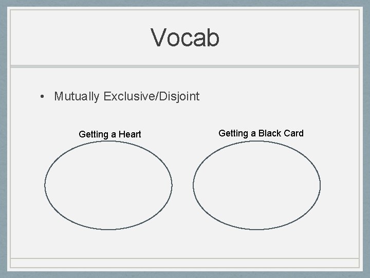 Vocab • Mutually Exclusive/Disjoint Getting a Heart Getting a Black Card 