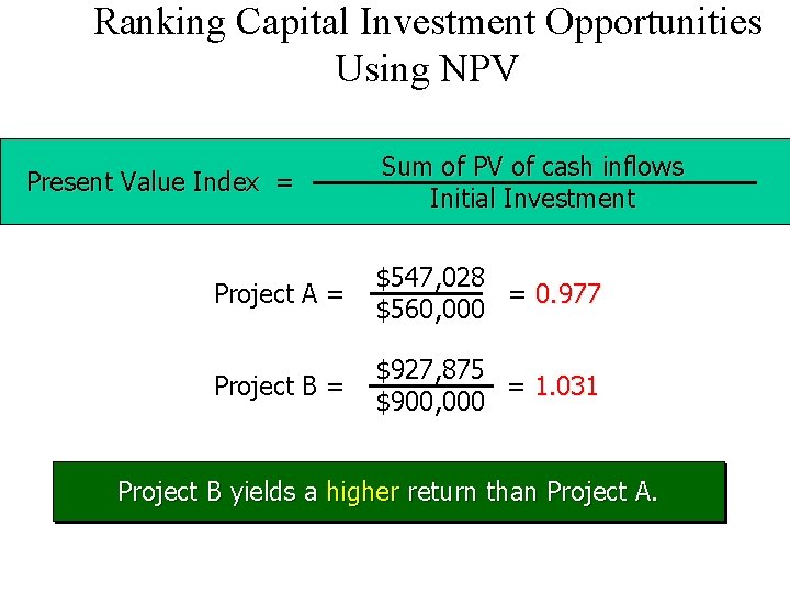 Ranking Capital Investment Opportunities Using NPV Present Value Index = Sum of PV of