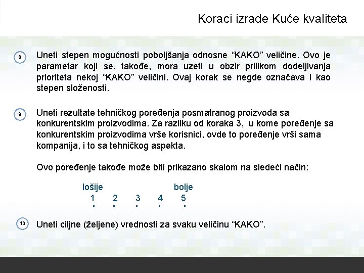 Koraci izrade Kuće kvaliteta Uneti stepen mogućnosti poboljšanja odnosne “KAKO” veličine. Ovo je parametar