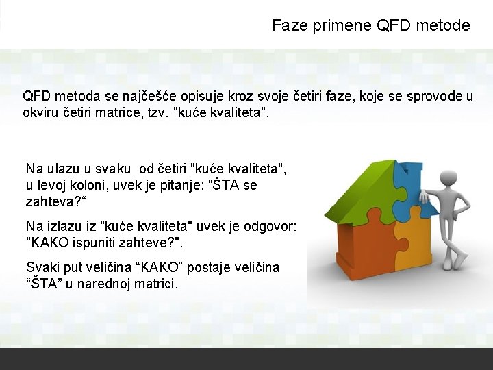 Faze primene QFD metoda se najčešće opisuje kroz svoje četiri faze, koje se sprovode