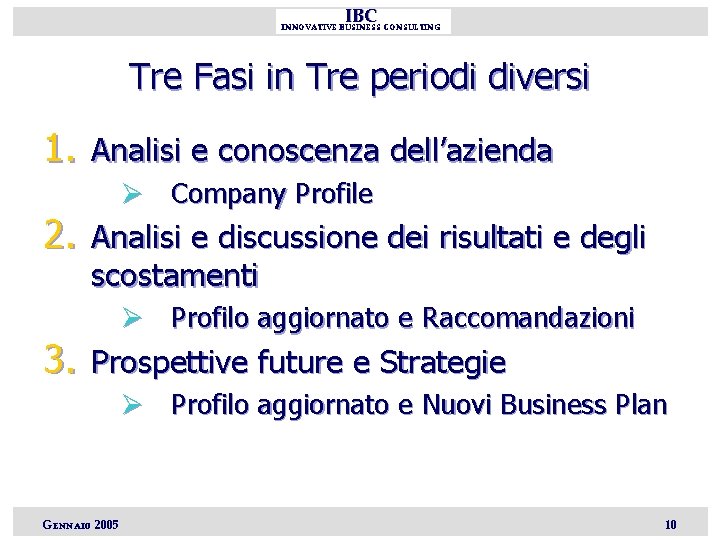 IBC INNOVATIVE BUSINESS CONSULTING Tre Fasi in Tre periodi diversi 1. Analisi e conoscenza