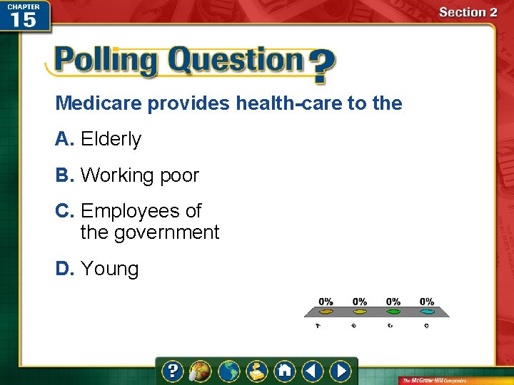 Medicare provides health-care to the A. Elderly B. Working poor C. Employees of the
