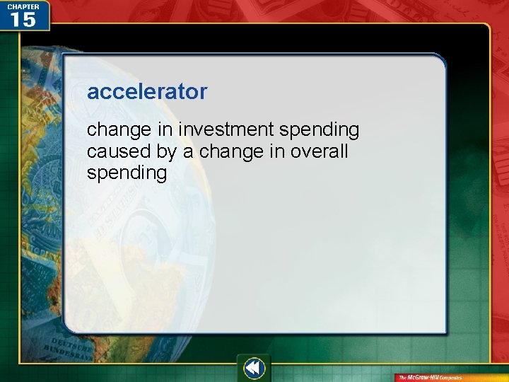 accelerator change in investment spending caused by a change in overall spending 