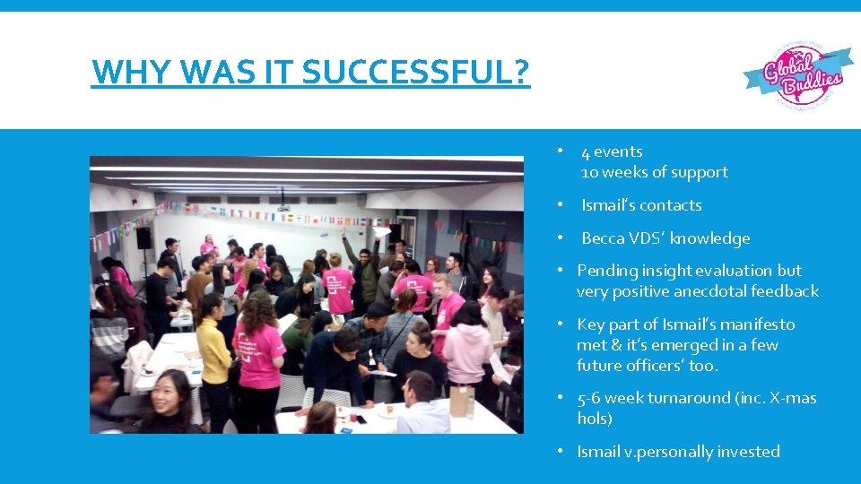 WHY WAS IT SUCCESSFUL? • 4 events 10 weeks of support • Ismail’s contacts