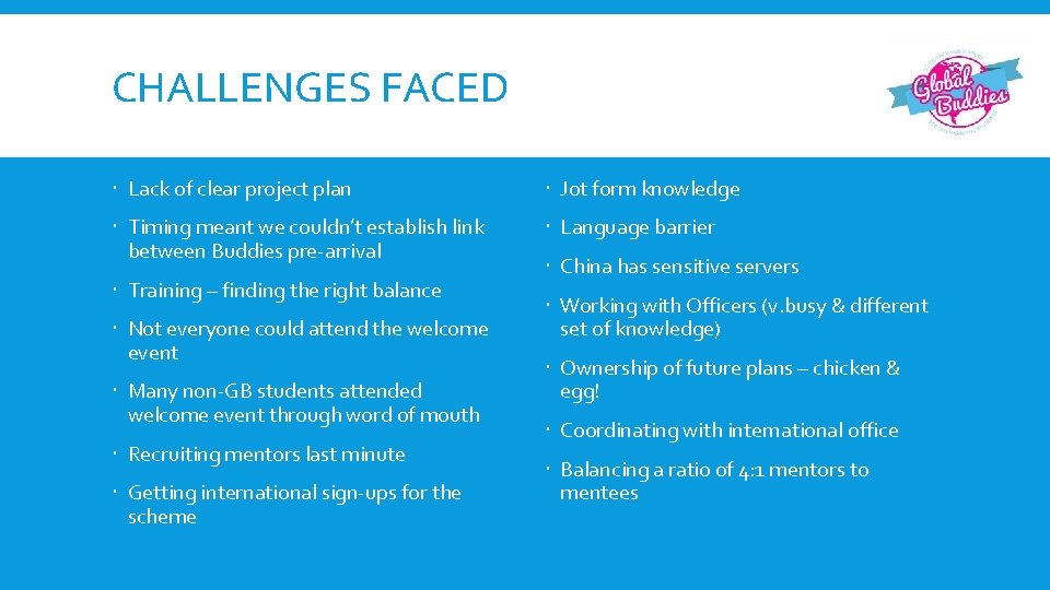 CHALLENGES FACED Lack of clear project plan Jot form knowledge Timing meant we couldn’t