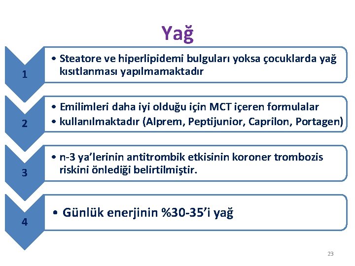 Yağ 1 • Steatore ve hiperlipidemi bulguları yoksa çocuklarda yağ kısıtlanması yapılmamaktadır 2 •