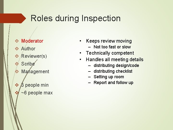 Roles during Inspection Moderator Author Reviewer(s) Scribe Management v 3 people min v ~6