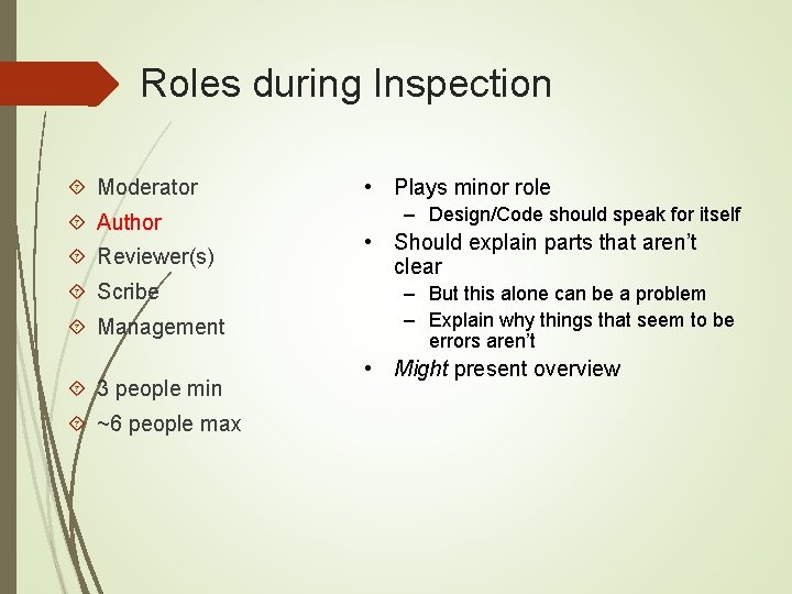 Roles during Inspection Moderator Author Reviewer(s) Scribe Management 3 people min ~6 people max