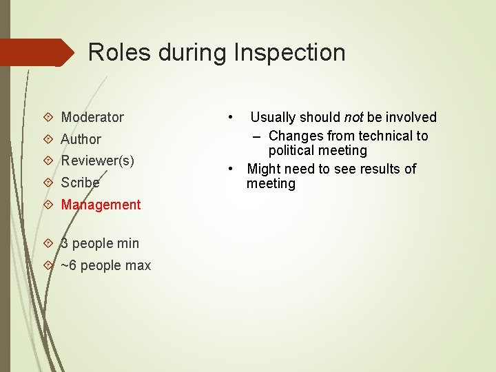 Roles during Inspection Moderator Author Reviewer(s) Scribe Management 3 people min ~6 people max