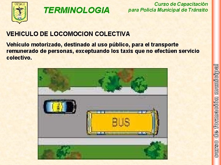 TERMINOLOGIA Curso de Capacitación para Policía Municipal de Tránsito VEHICULO DE LOCOMOCION COLECTIVA Vehículo