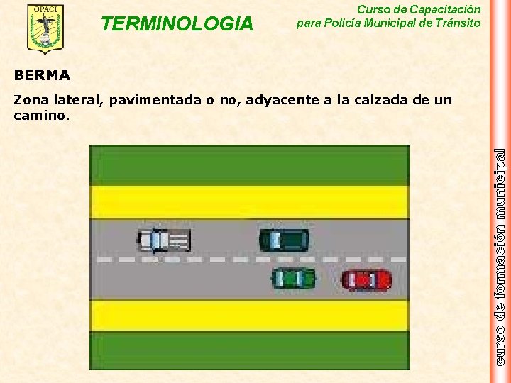 TERMINOLOGIA Curso de Capacitación para Policía Municipal de Tránsito BERMA Zona lateral, pavimentada o