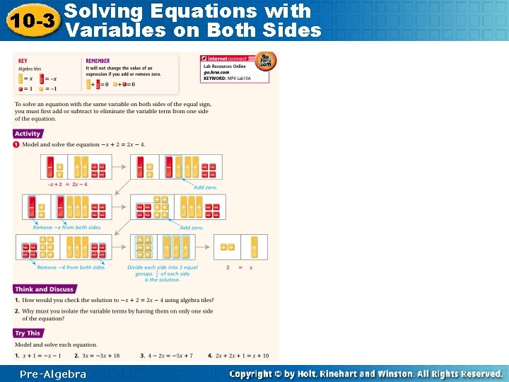 Solving Equations with 10 -3 Variables on Both Sides Pre-Algebra 