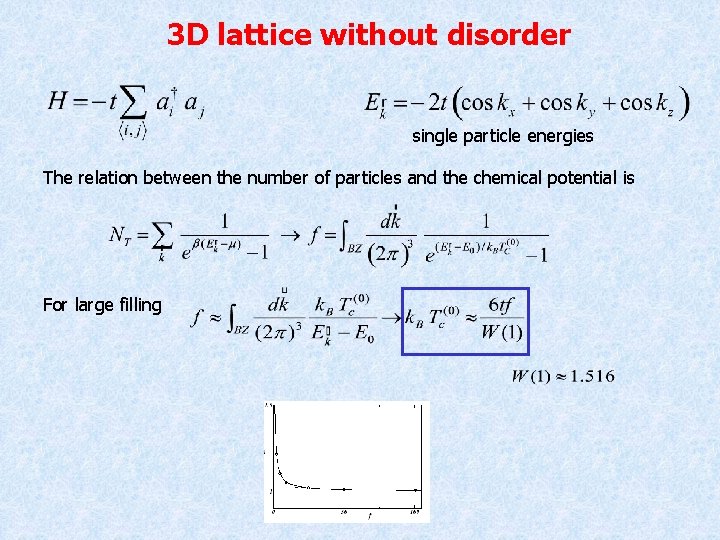 3 D lattice without disorder single particle energies The relation between the number of