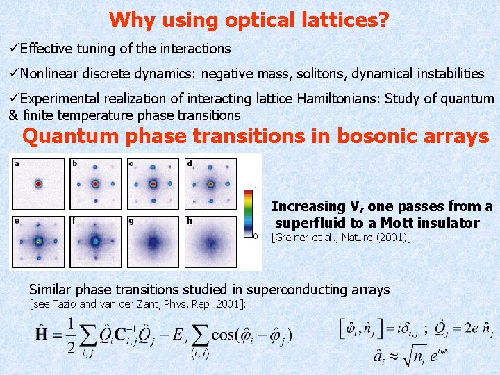 Why using optical lattices? üEffective tuning of the interactions üNonlinear discrete dynamics: negative mass,