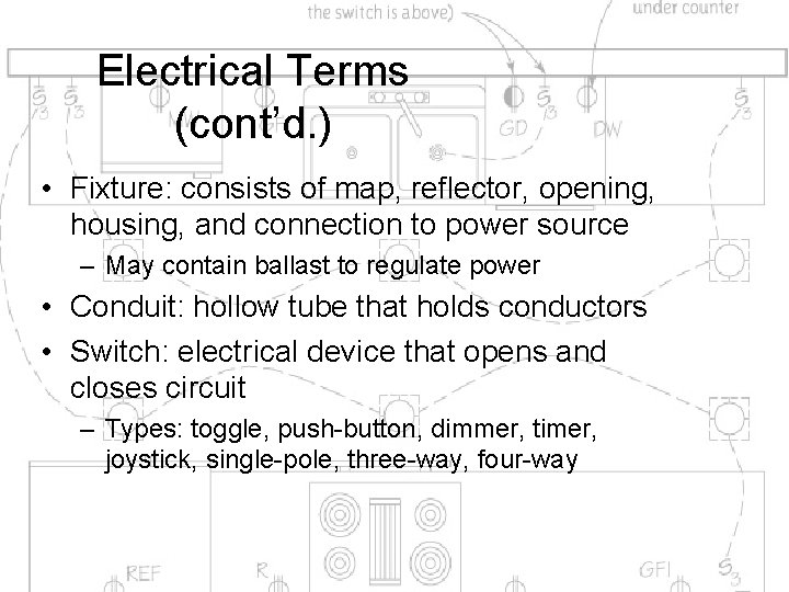 Electrical Terms (cont’d. ) • Fixture: consists of map, reflector, opening, housing, and connection