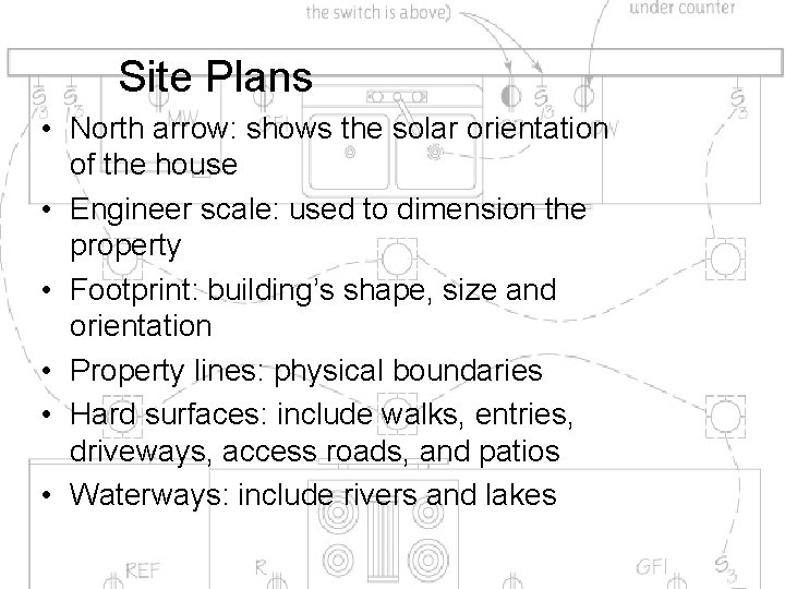 Site Plans • North arrow: shows the solar orientation of the house • Engineer