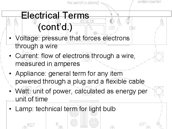 Electrical Terms (cont’d. ) • Voltage: pressure that forces electrons through a wire •