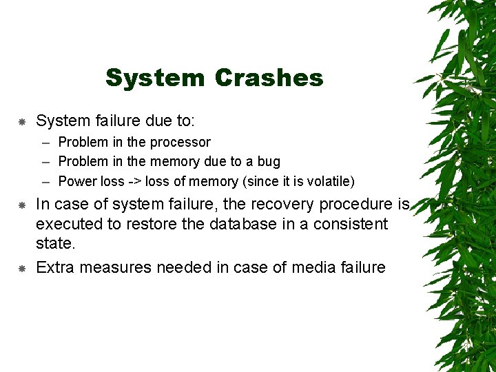 System Crashes System failure due to: – Problem in the processor – Problem in