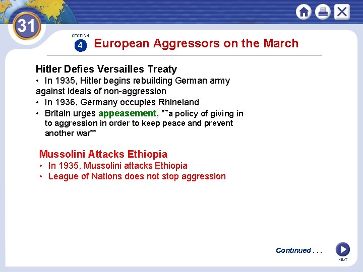 SECTION 4 European Aggressors on the March Hitler Defies Versailles Treaty • In 1935,