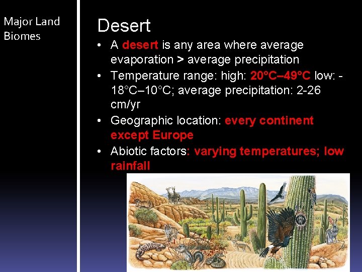 Major Land Biomes Desert • A desert is any area where average evaporation > Major Land Biomes Desert • A desert is any area where average evaporation >