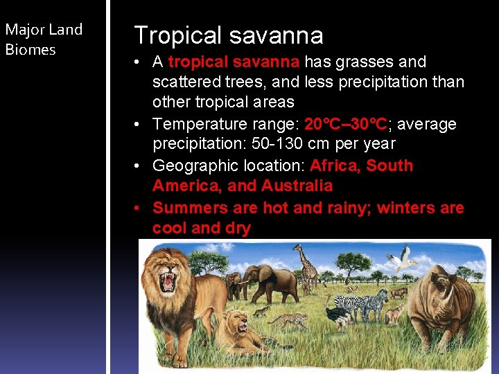 Major Land Biomes Tropical savanna • A tropical savanna has grasses and scattered trees, Major Land Biomes Tropical savanna • A tropical savanna has grasses and scattered trees,
