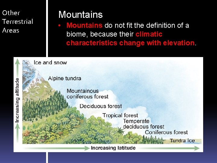 Other Terrestrial Areas Mountains • Mountains do not fit the definition of a biome, Other Terrestrial Areas Mountains • Mountains do not fit the definition of a biome,