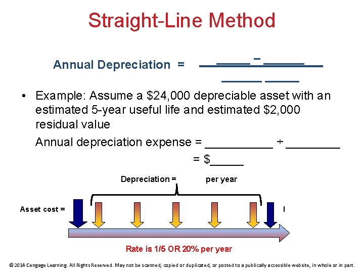 Straight-Line Method Annual Depreciation = _____ – ______ • Example: Assume a $24, 000