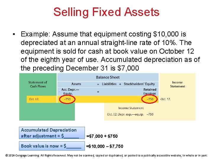 Selling Fixed Assets • Example: Assume that equipment costing $10, 000 is depreciated at