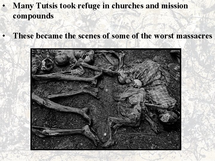  • Many Tutsis took refuge in churches and mission compounds • These became