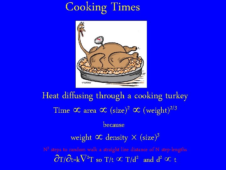 Cooking Times Heat diffusing through a cooking turkey Time area (size)2 (weight)2/3 because weight