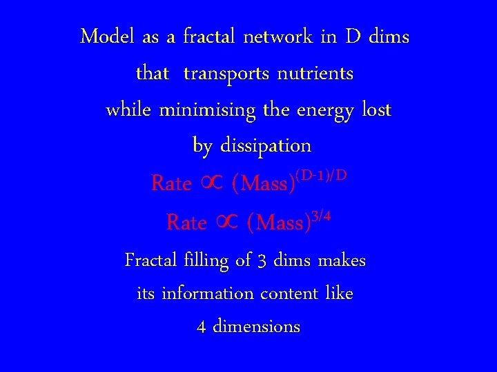 Model as a fractal network in D dims that transports nutrients while minimising the