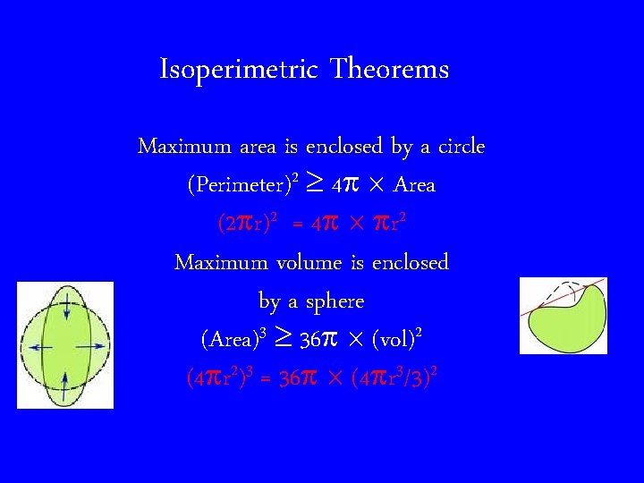 Isoperimetric Theorems Maximum area is enclosed by a circle (Perimeter)2 4 Area (2 r)2