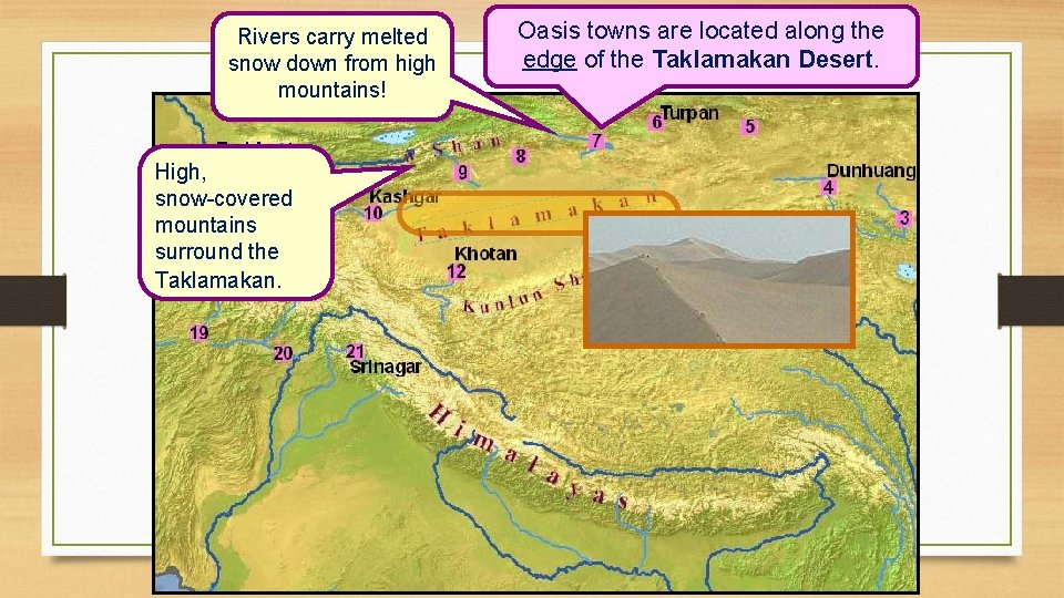 Rivers carry melted snow down from high mountains! High, snow-covered mountains surround the Taklamakan.