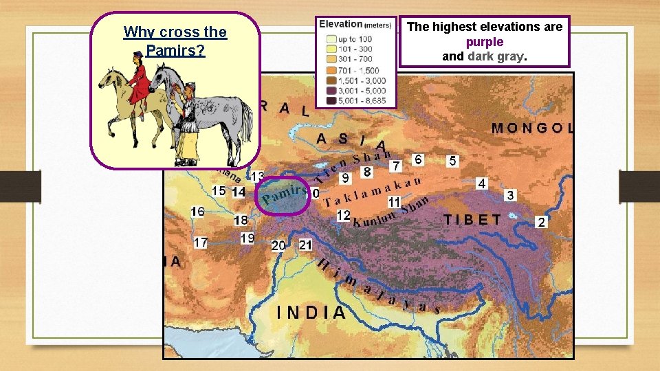 Why cross the Pamirs? The highest elevations are purple and dark gray. 