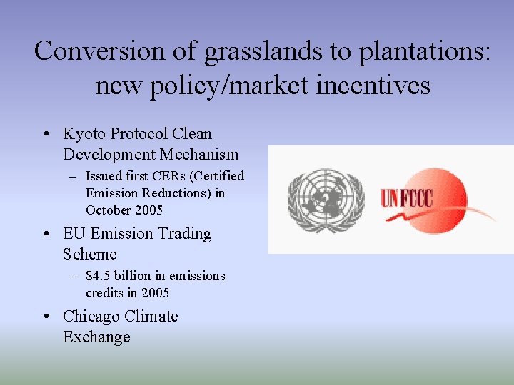 Conversion of grasslands to plantations: new policy/market incentives • Kyoto Protocol Clean Development Mechanism