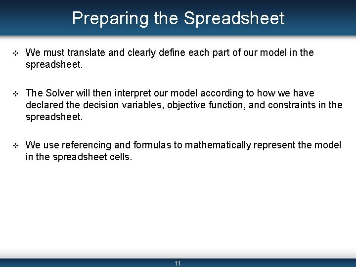 Preparing the Spreadsheet v We must translate and clearly define each part of our