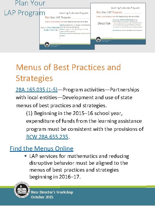 Plan Your LAP Program Menus of Best Practices and Strategies 28 A. 165. 035