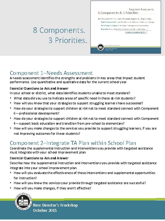 8 Components. 3 Priorities. Component 1–Needs Assessment A needs assessment identifies the strengths and