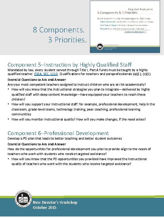 8 Components. 3 Priorities. Component 5–Instruction by Highly Qualified Staff Mandated by law, every